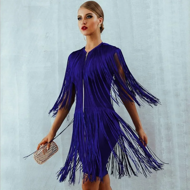 Fringe Zipper Detail Tassel Blue Mini Dress Classic Striped Mini Dress
