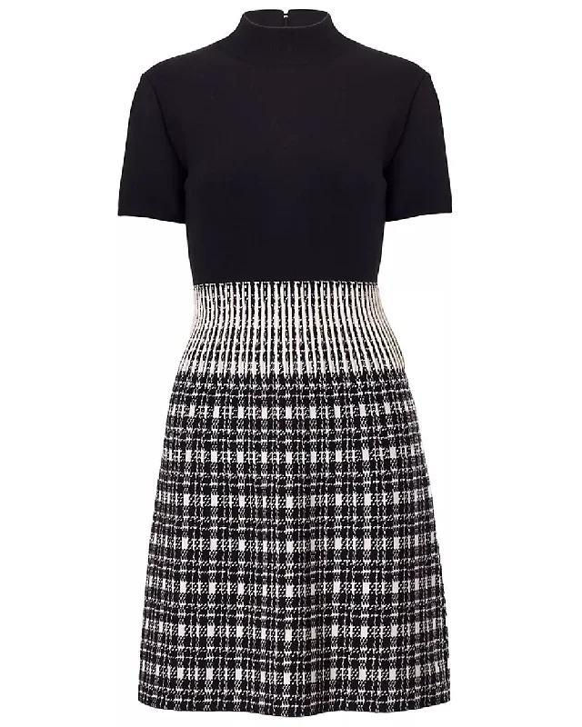 Black and White Plaid Mock Neck Mini Dress Stylish Sweetheart Neck Mini Dress