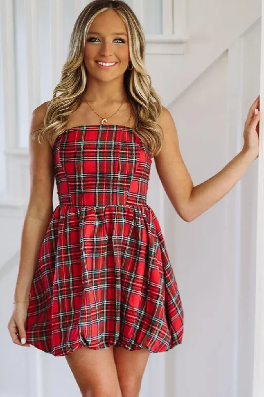 Holiday in Style Balloon Mini Dress - Red Plaid Fashionable Mini Dress with Pockets