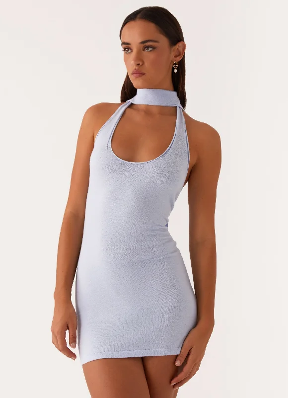 Katie Knit Mini Dress - Blue Cozy Ruched Mini Dress