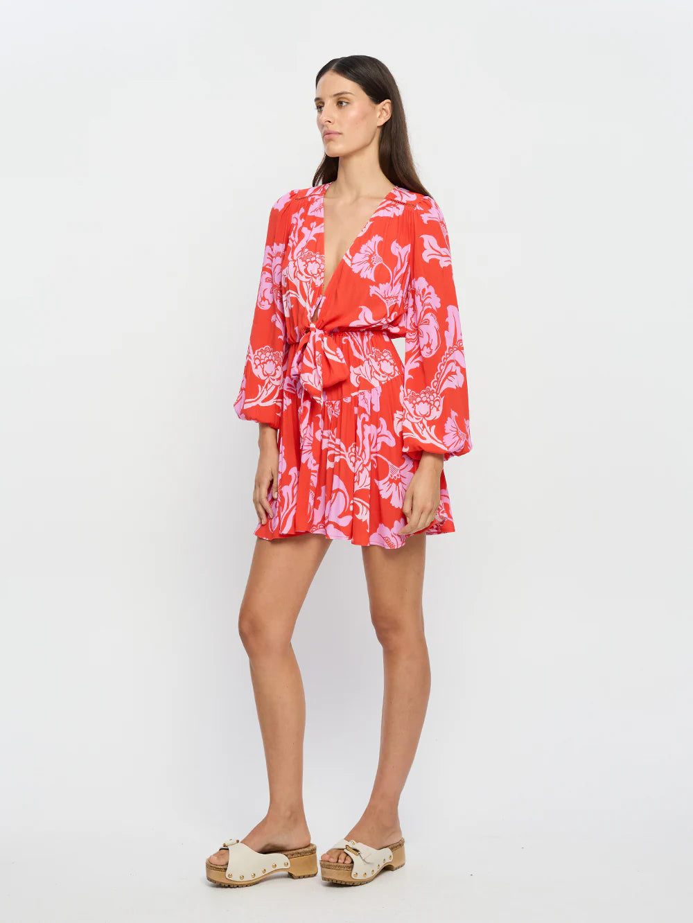 Kivari Olina Tie Front Mini Dress Casual V-Neck Mini Dress