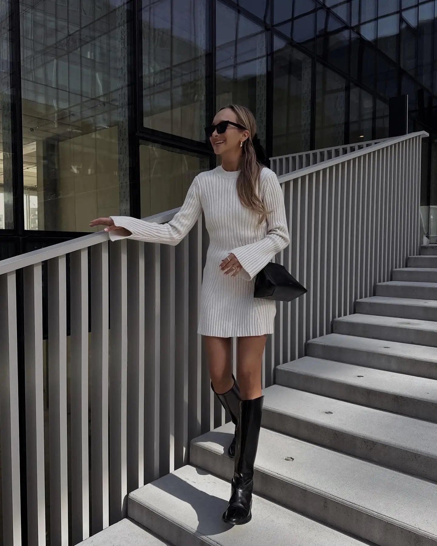 Knitted Long Sleeve Mini Dress Trendy Floral Mini Dress