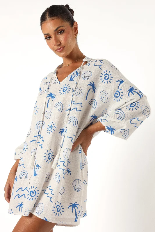 Laila Long Sleeve Linen Mini Dress - White Blue Elegant Sequin Mini Dress