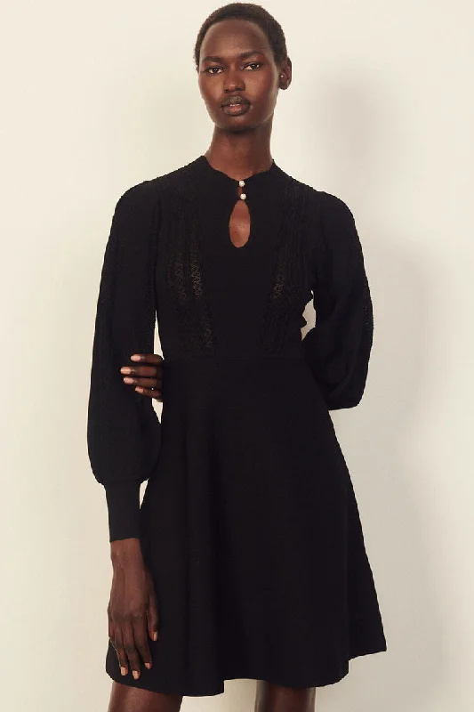 Long Sleeve Cashmere Sweater French Skater Mini Dress - Black Stylish Sweetheart Mini Dress