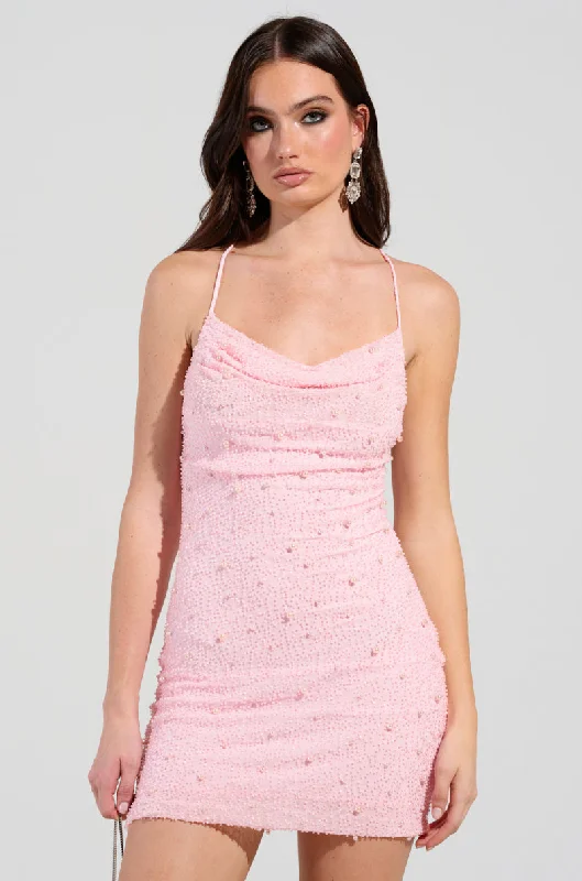 LOOK EXPENSIVE COWL NECK EMBELLISHED MINI DRESS Stylish Puff Sleeve Mini Dress