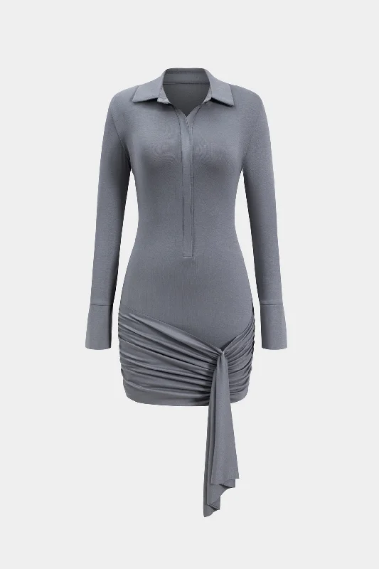 Ruched Button Long Sleeve Mini Dress Comfortable Smocked Mini Dress