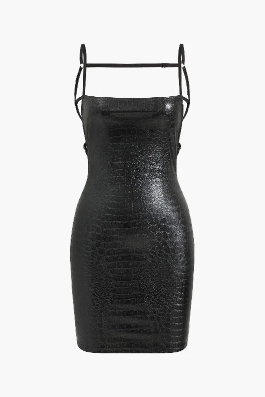 Crocodile Faux Leather Backless Sleeveless Slip Mini Dress Comfortable Shift Mini Dress