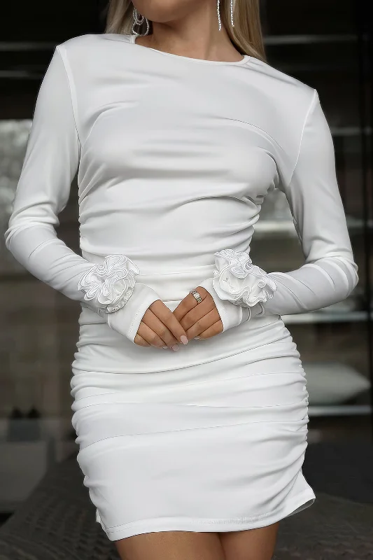3D Floral Long Sleeve Round Neck Ruched Mini Dress Classic Shift Mini Dress