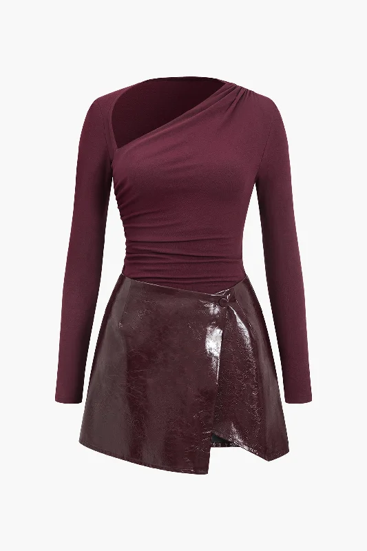 Faux Leather Patchwork Long Sleeve Mini Dress Comfortable Fit-and-Flare Mini Dress