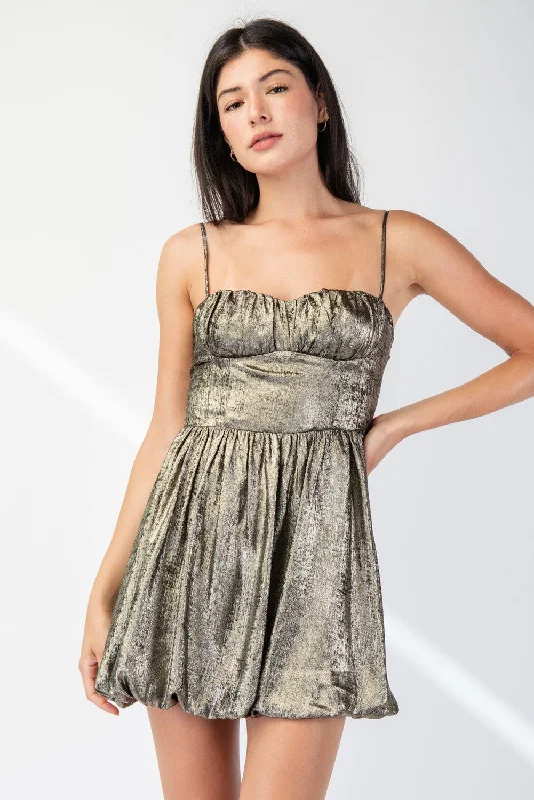 Metallic Satin Bubble Hem Mini Dress Trendy Tulle Mini Dress
