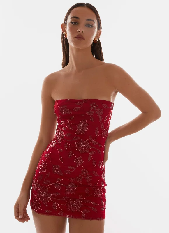 Moorey Beaded Mini Dress - Red Chic Pleated Mini Dress