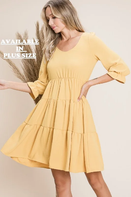 MUSTARD TIERED HIGH WAIST 3/4 SLEEVES PLUS SIZE MINI DRESS RJW5865XL Comfortable One-Shoulder Mini Dress MUSTARD TIERED HIGH WAIST 3/4 SLEEVES PLUS SIZE MINI DRESS RJW5865XL Comfortable One-Shoulder Mini Dress