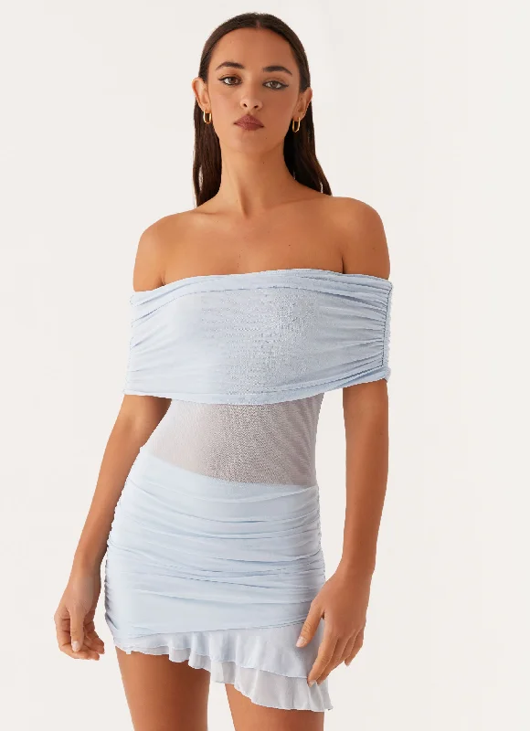 Nelly Off Shoulder Mini Dress - Blue Comfortable Smocked Mini Dress