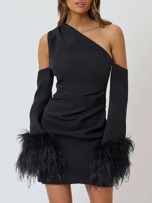One Shoulder Feather Decor Mini Dress Chic Puff Sleeve Mini Dress