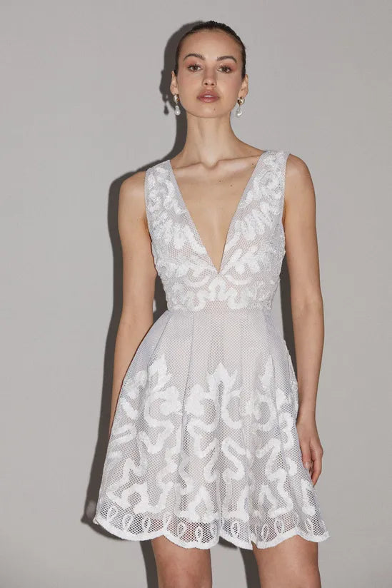 Premium Mini Dress With Ribbon Applique Classic White Mini Dress