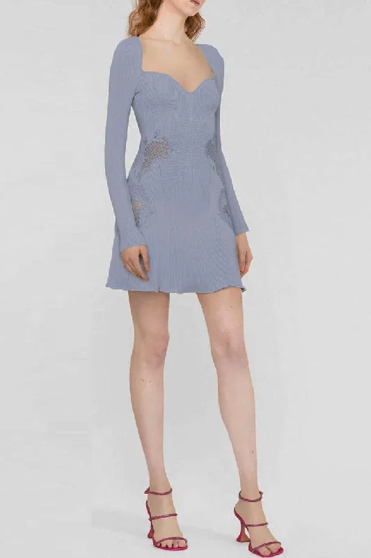 Pretty Sweetheart Long Sleeve Lace Trim Cashmere Sweater Mini Dress - Blue Comfortable Shift Mini Dress