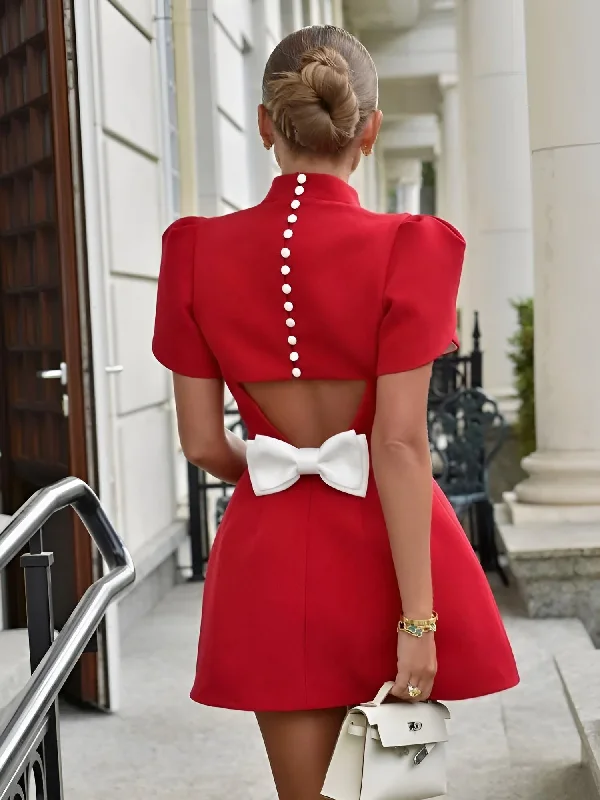 Elegant Hollow Out Red Mini Dress With Fashion Bow - Now In White Too! Comfortable Casual Mini Dress