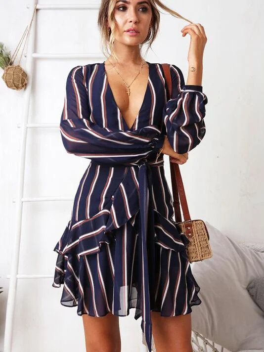 Retro Stripe Plunging Neck Ruffle Mini Dress Comfortable Bodycon Mini Dress