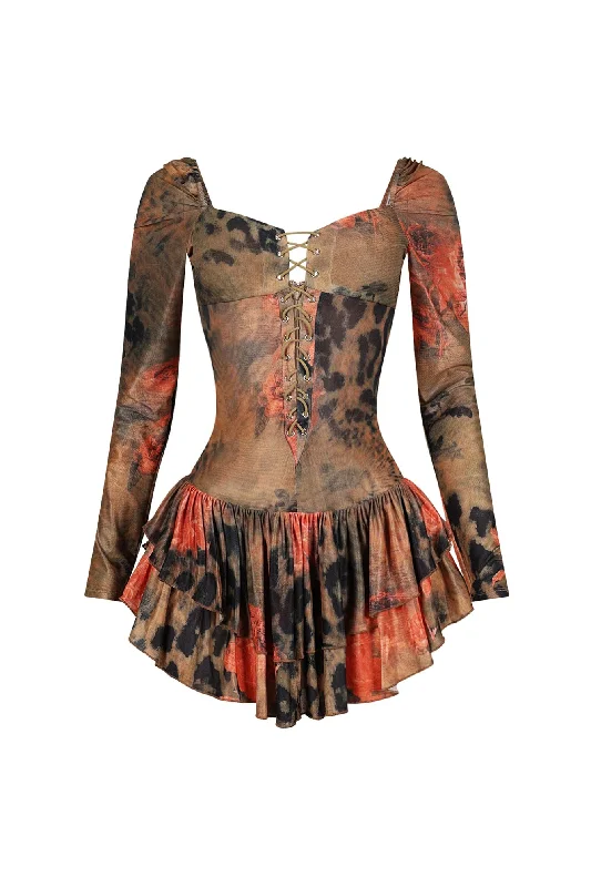 Reyna Print Mesh Ruffle Mini Dress Stylish Short-Sleeve Mini Dress