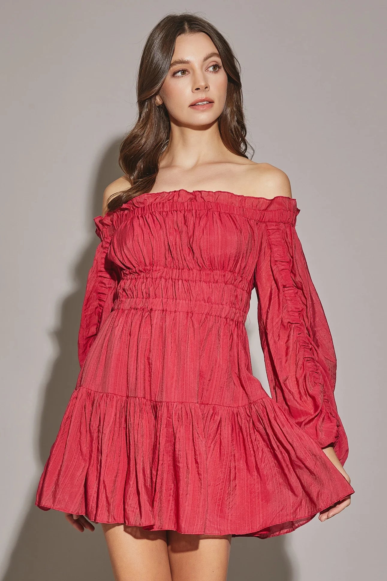 Off The Shoulder Shirred Tiered Hem Mini Dress Fashionable Off-Shoulder Mini Dress