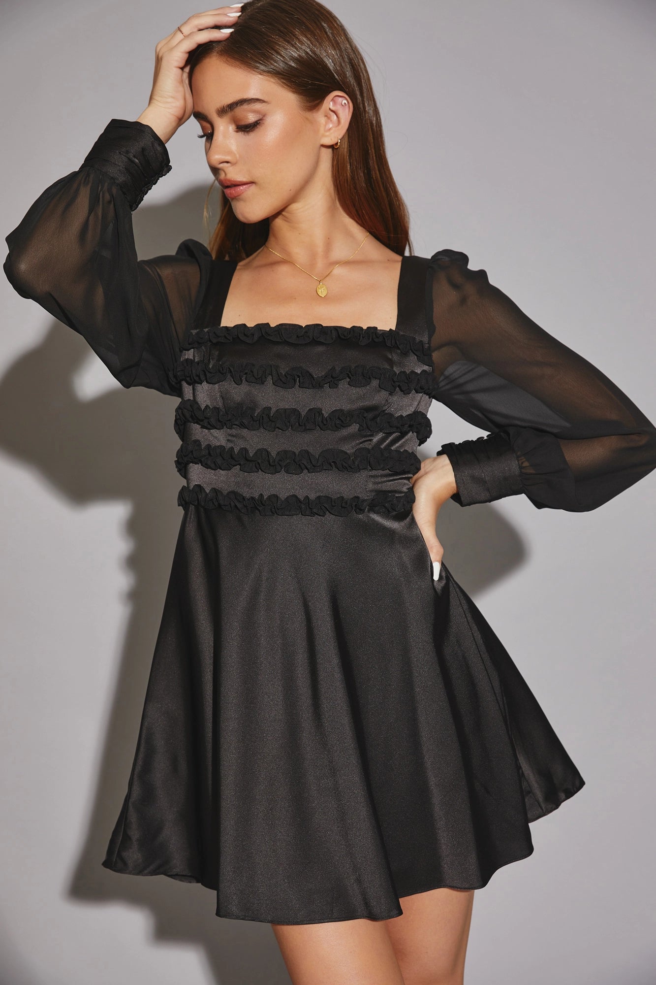 Satin Long Chiffon sleeve Ruffle Mini Dress Cozy Ruched Mini Dress