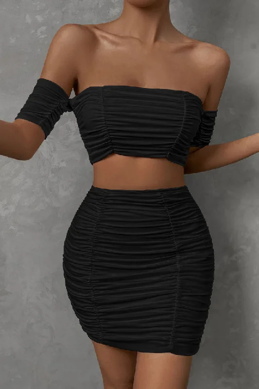 Sexy Off Shoulder Crop Top High Waist Ruched Two Piece Club Mini Dress - Black Fashionable Polka Dot Mini Dress