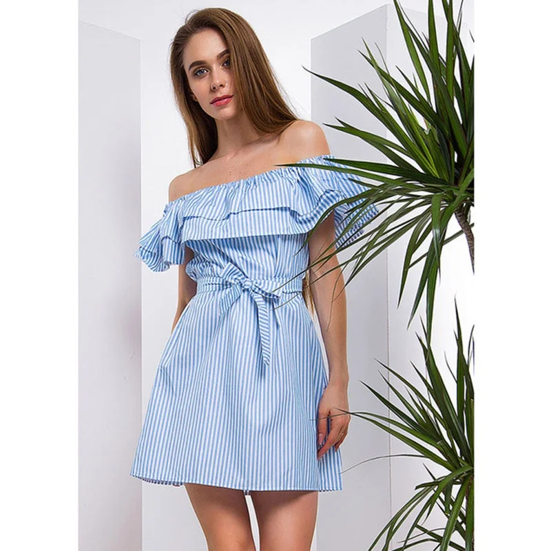 Sexy Slash Striped Ruffle Sleeveless Mini Dresses Women Casual Lace Up Above-knee Dress Summer Ladies Party Club Dress Vestidos Elegant Tulle Mini Dress