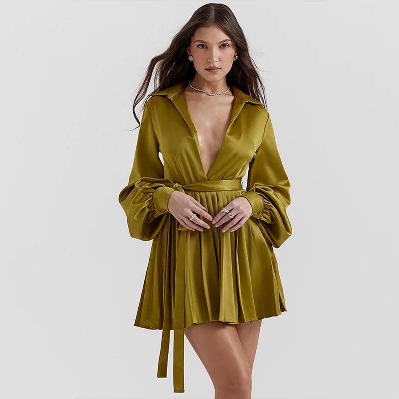 Silk Long Sleeve Pleated Mini Dress Classic White Mini Dress