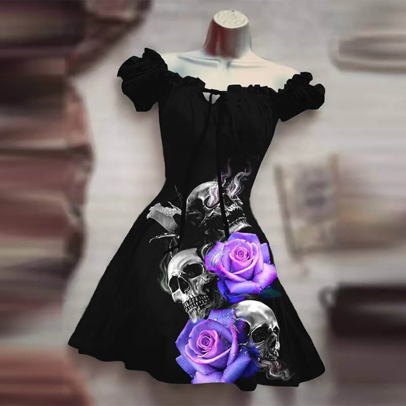 Skull Rose Print Puff Sleeve Mini Dress Trendy Tie-Dye Mini Dress