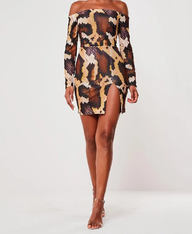Snake Print Split Mini Dress Stylish Button-Down Mini Dress