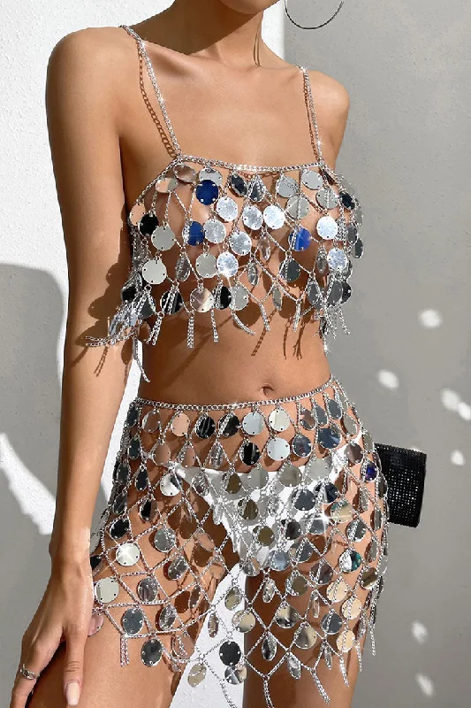 Sparkly Disc Sequin Crop Top Sheer Club Two Piece Mini Dress - Silver Classic White Mini Dress