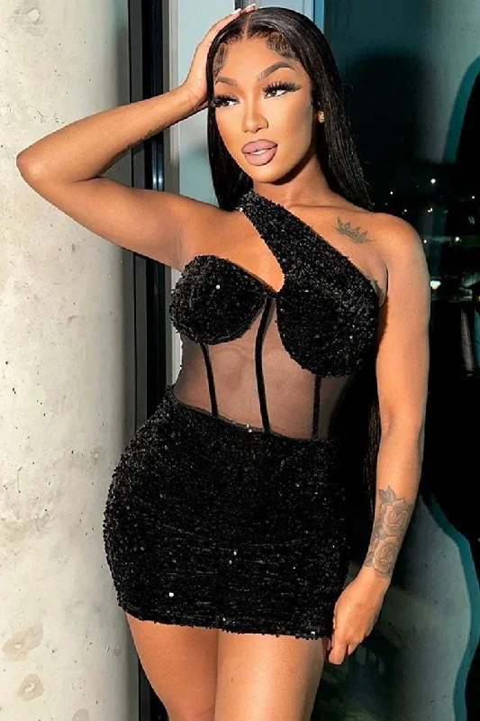 Sparkly One Shoulder Mesh Velvet Sequin Bodycon Party Mini Dress - Black Chic Puff Sleeve Mini Dress