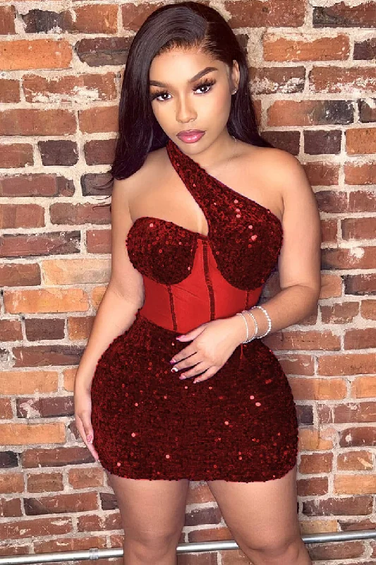 Sparkly One Shoulder Mesh Velvet Sequin Bodycon Party Mini Dress - Red Comfortable Fit-and-Flare Mini Dress