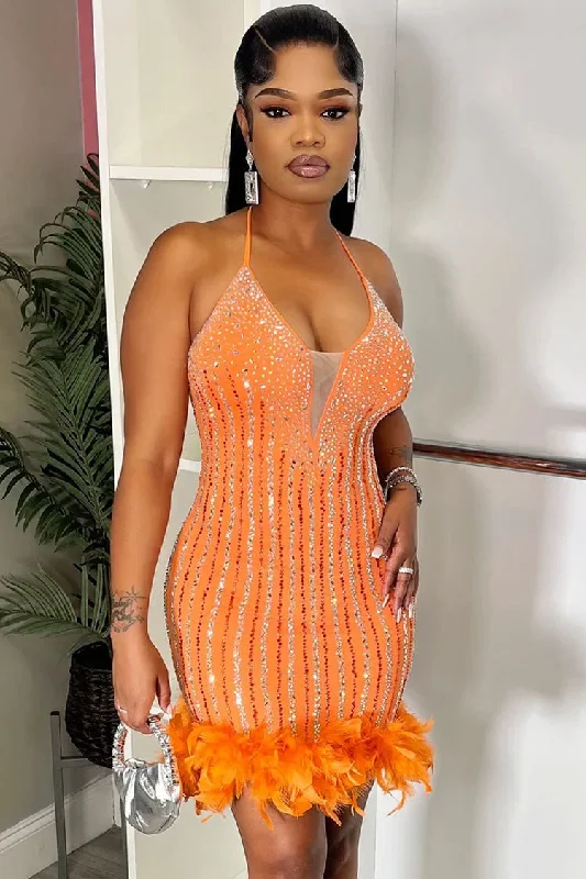 Sparkly Rhinestone Halter Neck Bodycon Feather Trim Party Mini Dress - Orange Casual Button-Up Mini Dress