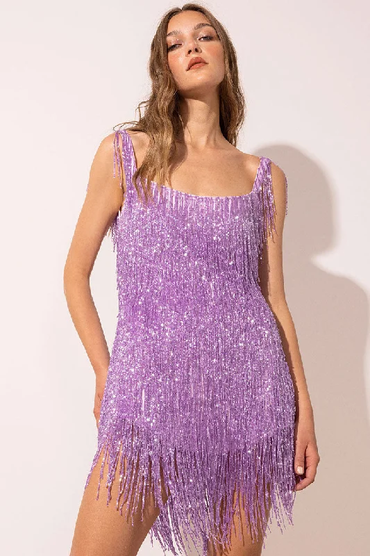 Sparkly Scoop Neck Sleeveless Gatsby Fringe Flapper Party Mini Dress - Violet Trendy Wraparound Mini Dress