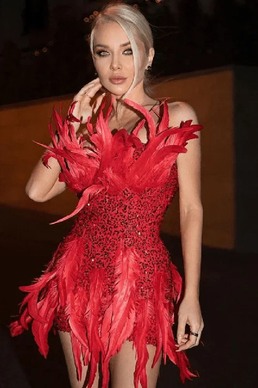 Sparkly Sequin Faux Feather Bodycon Strapless Party Mini Dress - Red Fashionable A-Line Mini Dress