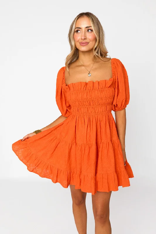 Spencer Puff Sleeve Mini Dress - Tangelo Stylish Plaid Mini Dress