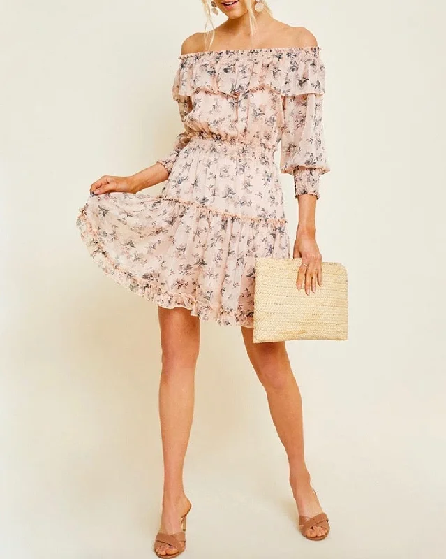 Sweet Talk Floral Off the Shoulder Mini Dress in Blush Comfortable Ruffle Mini Dress Sweet Talk Floral Off the Shoulder Mini Dress in Blush Comfortable Ruffle Mini Dress