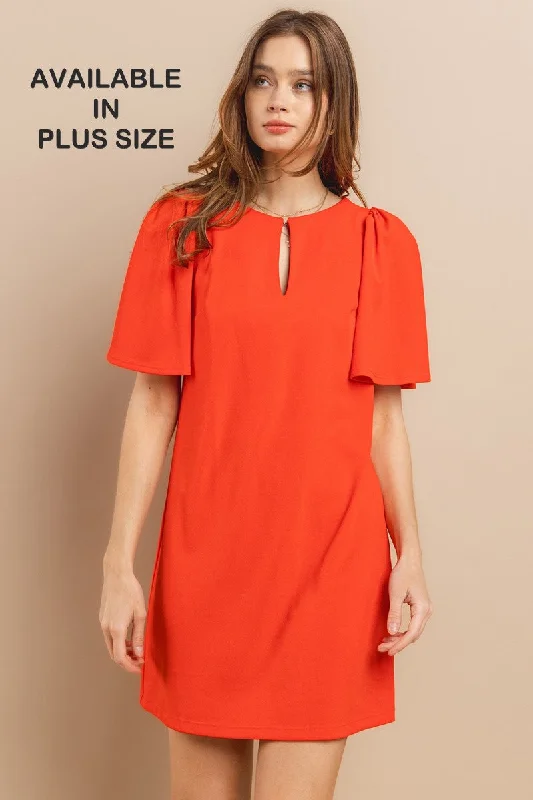 TANGERINE RUFFLED SHORT SLEEVES FRONT KEYHOLE PLUS SIZE MINI DRESS PDU52260SA Trendy Cut-Out Mini Dress
