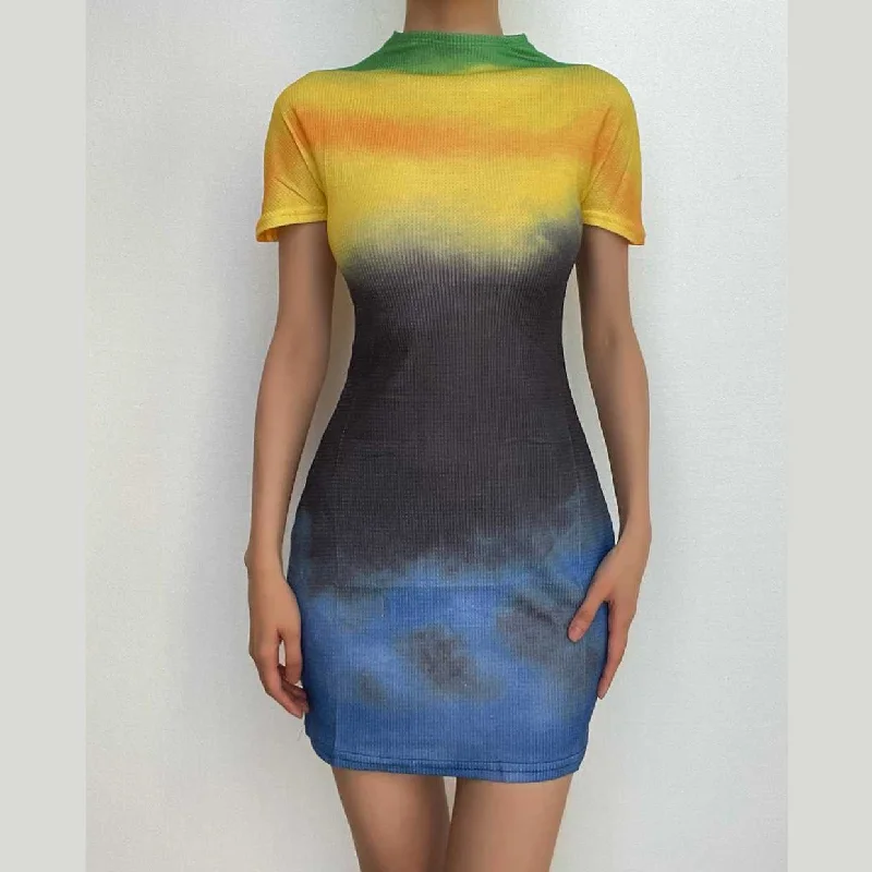 Tie dye contrast short sleeve crewneck mini dress- Final Sale Fashionable Button-Front Mini Dress
