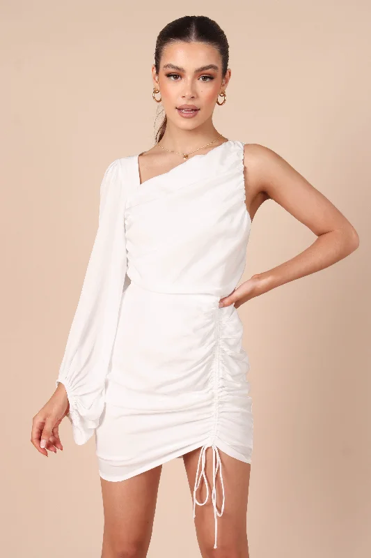 Toira One Shoulder Gathered Mini Dress - White Trendy A-Line Mini Dress