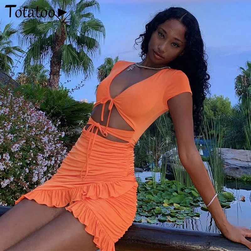 Totatoop Lace Up V Neck Ruched Bodycon Mini Dress Women 2020 Summer Hollow Out Ruffles Sundress Beachwear Vestidos Trendy Camisole Mini Dress