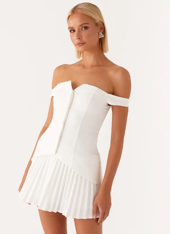 Twisted Skies Off Shoulder Mini Dress - Off White Trendy Off-Shoulder Dress Mini