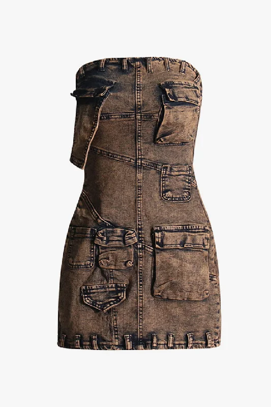 Vintage Belt Loop Trim Cargo Pocket Bodycon Strapless Denim Mini Dress Classic Black Mini Dress