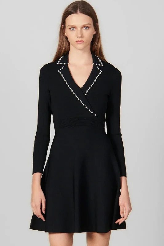 Vintage Pearl Lapel Long Sleeve Fit & Flare Sweater Mini Dress - Black Comfortable Zip-Up Mini Dress Vintage Pearl Lapel Long Sleeve Fit & Flare Sweater Mini Dress - Black Comfortable Zip-Up Mini Dress