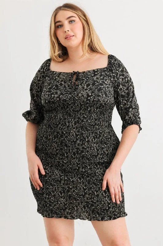Plus Size Floral Smocked Puff Sleeve Tie Neck Mini Dress Stylish Plaid Mini Dress