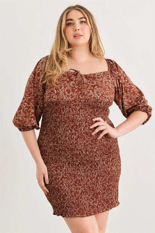 Plus Size Floral Smocked Puff Sleeve Mini Dress Trendy Mesh Mini Dress
