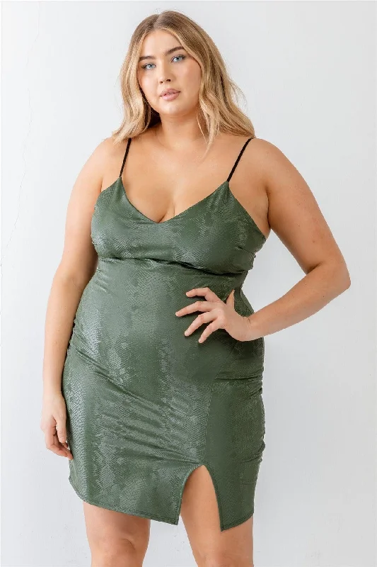 Plus Size Olive Snake Vegan Leather Strappy Mini Dress Stylish Sweetheart Neck Mini Dress
