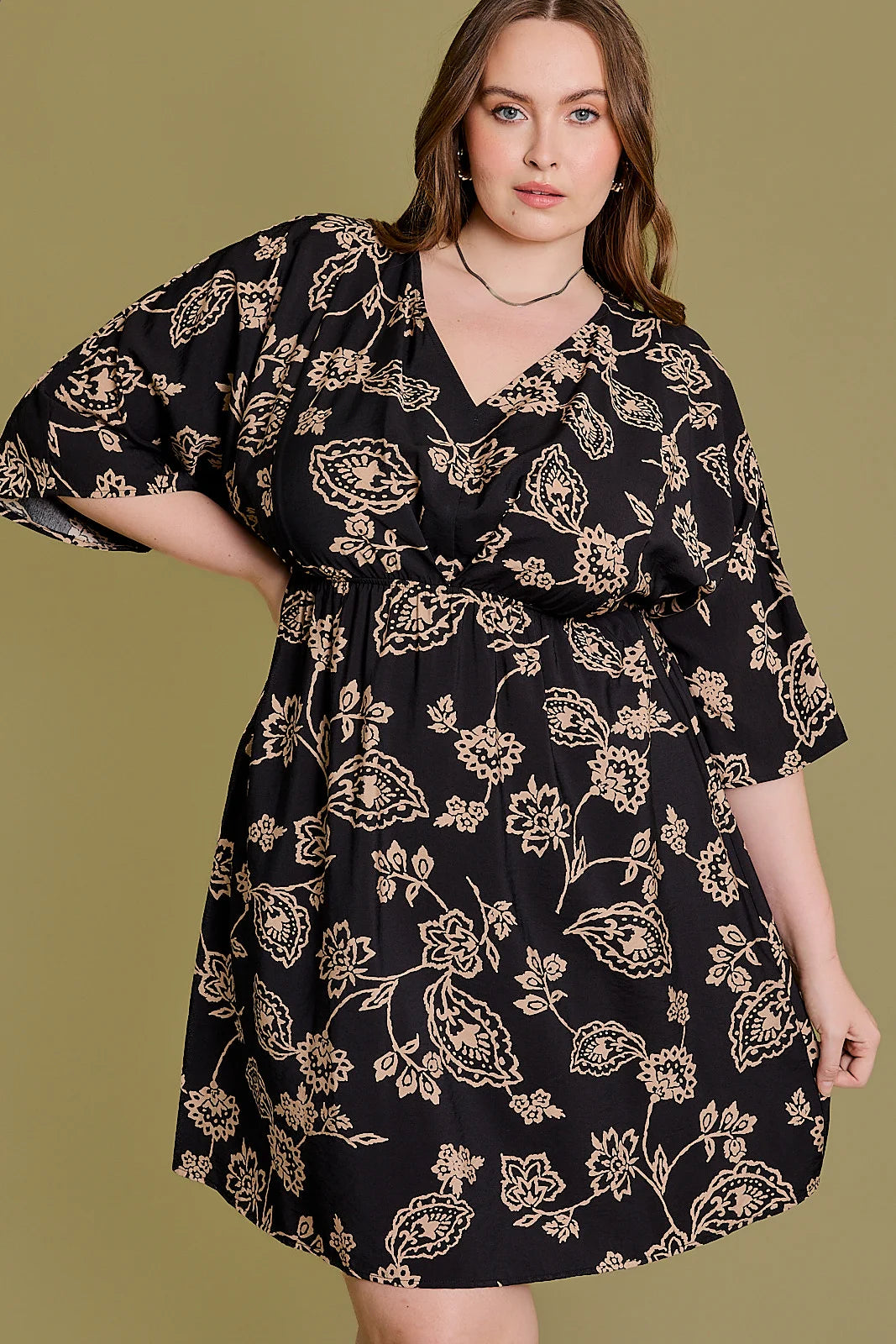 Plus Size Floral A-Line 3/4 Sleeve Mini Dress Stylish Ruffle Mini Dress