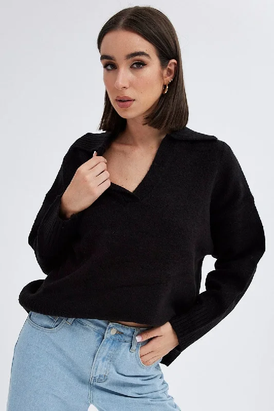 Black Collar Knit Jumper Stripe Print Jacquard Patchwork